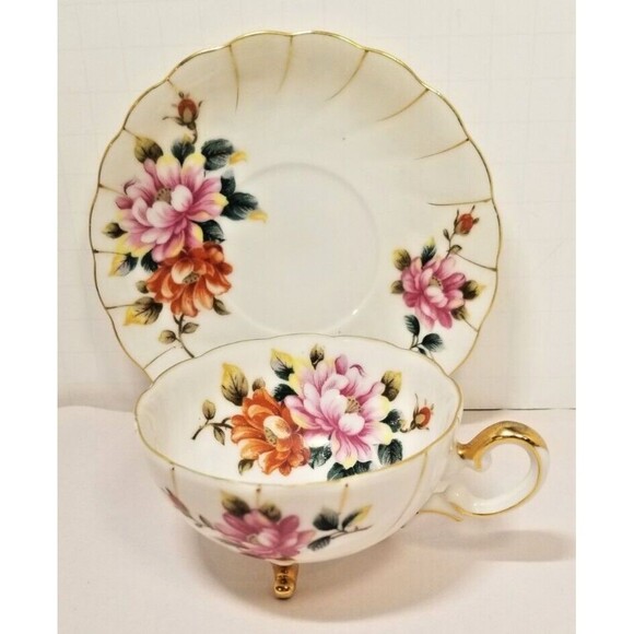 Ucagco China Footed Tea Cup & Saucer Pink Mums and Gold Trim Vintage Japan - Picture 2 of 7